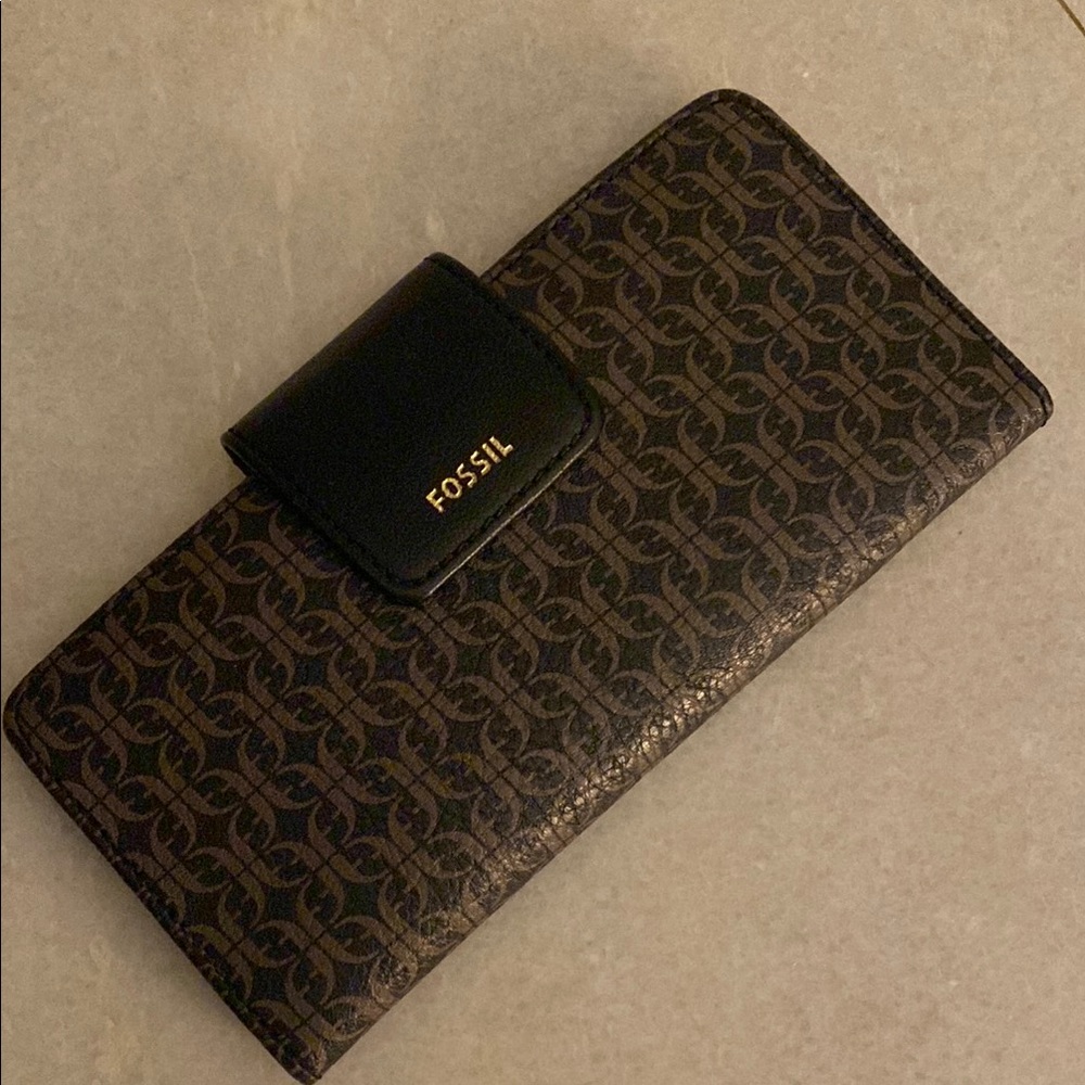 Fossil Black and Brown Wallet with Monogram Pattern